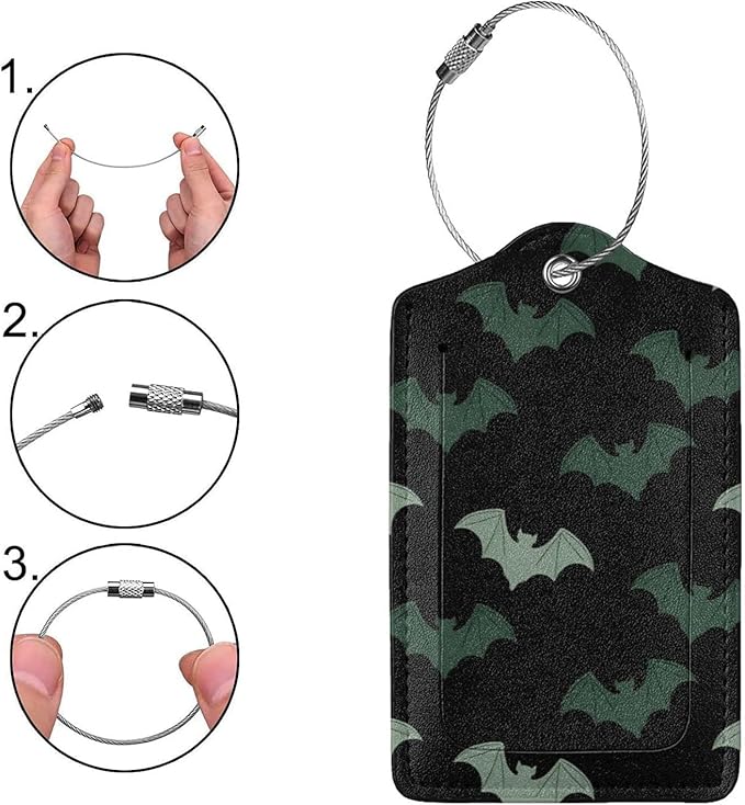 2 Pack Luggage Tags for Suitcases, PU Leather Bag Tag with Privacy Cover Address Card Travel Essentials-Bat Halloween