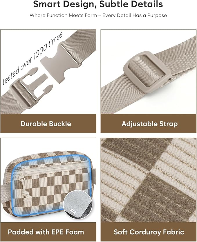 Pritent Fanny Packs for Women Cross Body Bag Waterproof Belt Bag with Adjustable Strap and Zipper Back Pocket Small Crossbody Bags Fashion Waist Packs for Workout Travelling(Checkered Khaki)