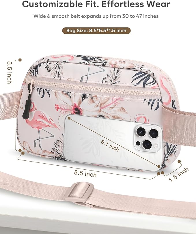 Pritent Fanny Packs for Women Cross Body Bag Waterproof Belt Bag with Adjustable Strap and Zipper Back Pocket Small Crossbody Bags Fashion Waist Packs for Workout Travelling(Flamingo Print)