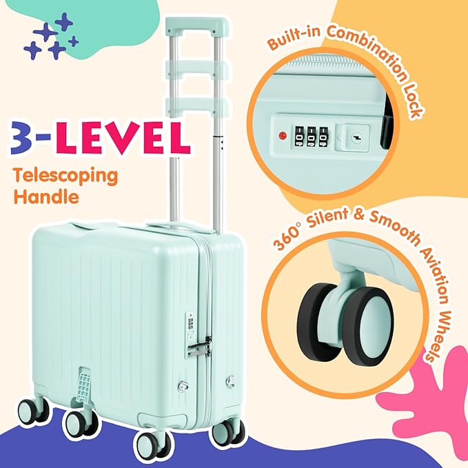 smilesun Kids Ride-On Luggage, 20" Hardshell Carry-On Suitcase with 6 Spinner Wheels, Foldable Pedal, Hidden Cup Holder & Combination Lock for Toddlers & Children (Green, 20-inch)