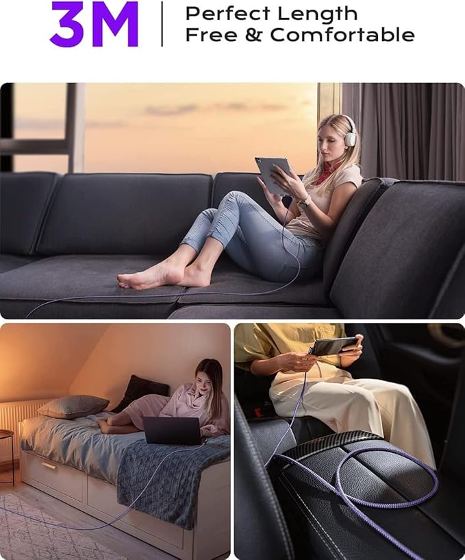 AINOPE 240W Long USB C Cable Multi 4 in 1 Charging Cable Fast Charging C Type Charger Fast Charge USB to USB C,Right Angle Fit iPhone 16 15 Pro Max iPad Samsung 10FT Purple