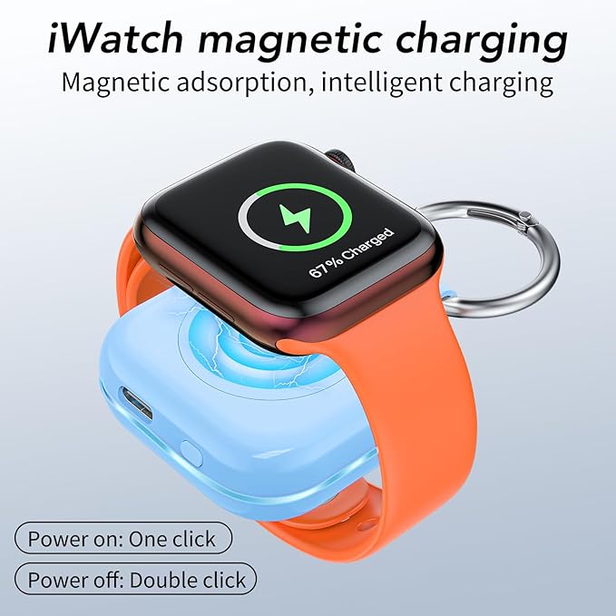 HUOTO Charging Adapter, 1200mAh Battery Powered Portable Wireless Charger for Apple Watch Series 9/8/7/6/SE/5/4/3/2/1 Ultra, Keychain USB-C Charger, Gifts for Women Man