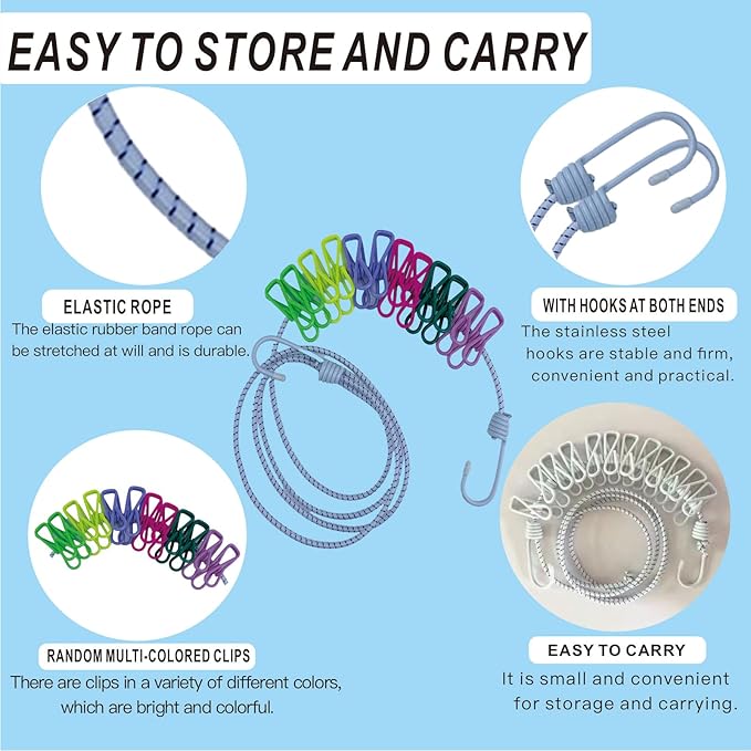 3.8M Travel Clothesline with 22 Clothes Clips, Retractable Portable Clothesline, Multifunctional Clips for for Camper Hotel Room Clothes, Books, Indoor and Outdoor, Colorful