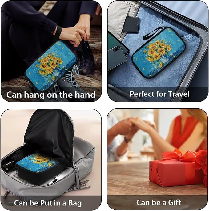 Artistic Sunflowers Electronic Organizer Cable Organizer Bag Travel Bag Cable Organizer Pouch Electronic Accessories Carry Case for SD Card Charger Phone Earphone Tech Pouch