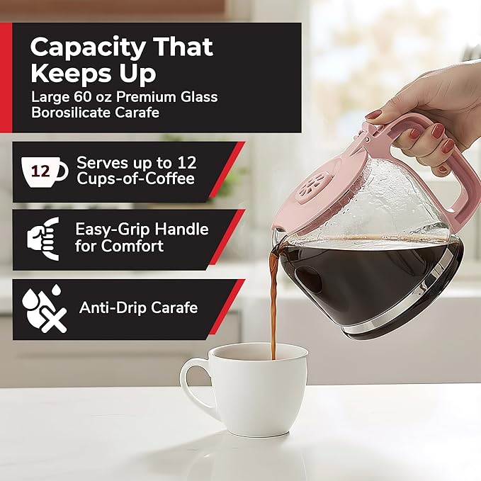 MUELLER HOME 12-Cup Pink Coffee Maker - Borosilicate Carafe, Auto-Off, Pink Kitchen Accessories, Reusable Filter, Anti-Drip, Kitchen Appliances, Keep-Warm Function