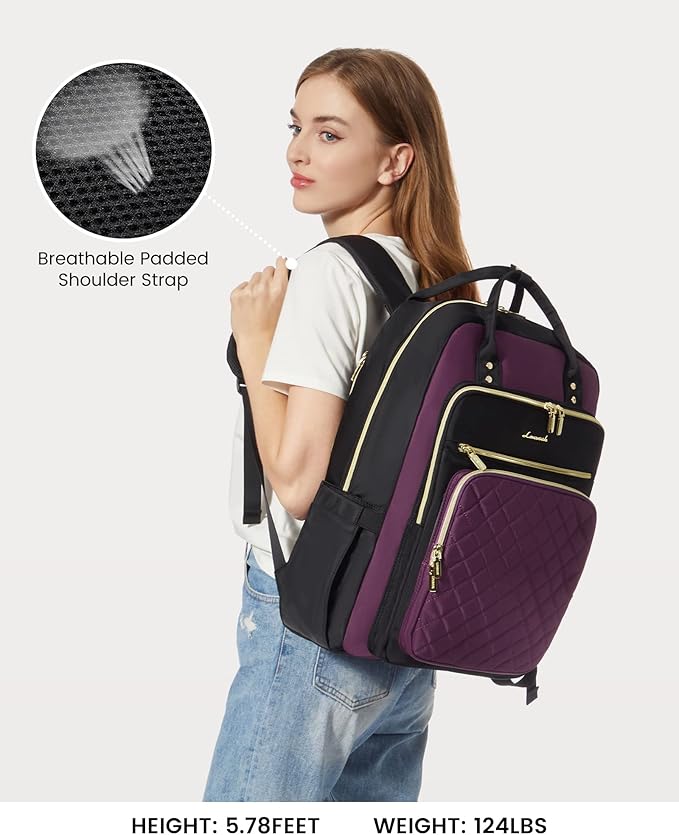 LOVEVOOK Laptop Backpack Purse for Women, 17" Laptop Bag with USB Port, Water Resistant Lightweight Daypacks for College Travel Work Business, Nurse Teacher Computer Bags, Purple Black