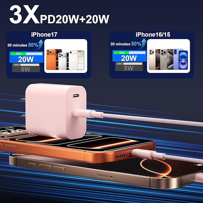 Fast Charger for 15 16 17 Pro Max, 10FT Nylon Braided USB C to C Charging Cable Cord & 20W Dual Port USB C Fast Charger Block for Phone 17 16 15 Pro Max/17 16 15/15 Plus,Air, Android Phone-Pink