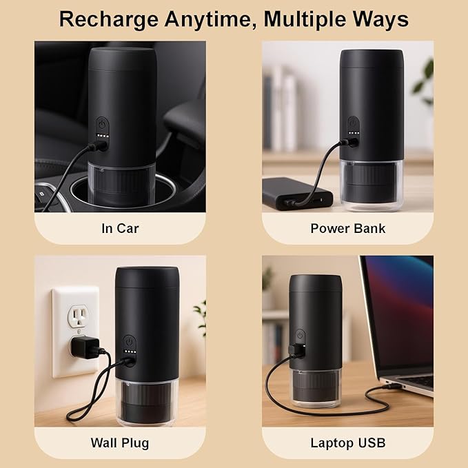 Portable Espresso Maker, 20 Bar, Travel Coffee Maker with USB Charging, Compatible with Ground Coffee & Capsules (NS), Waterproof, for Camping, Hiking, RV, Car, Office