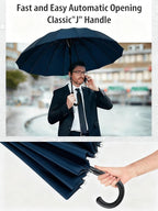 Premium Windproof Umbrella Classic J stick Handle with Easy Grip - Auto Open, Rainproof and Durable Canopy Design Perfect for Rainy Days Sunshad