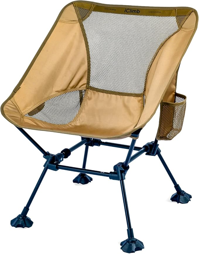 iClimb Ultralight Compact Camping Folding Beach Chair with Anti-Sinking Large Feet and Back Support Webbing (Brown- Square Frame)