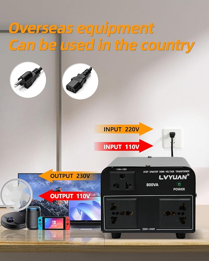 LVYUAN Voltage Converter Transformer 800 Watt Step Up/Down Convert from 110V-120V to 220V-240Vt and from 220V-240V to 110V-120V with 2 US outlets, 2 Universal outlets, Resettable Circuit Breaker
