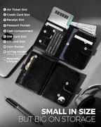 LORZOR Passport Holder for Travel: Full Grain Leather Passport Cover with Airtag Holder Magnetic Buckle for Men - RFID Blocking Bifold Wallet for Air Ticket Card Cash Coin (Black)