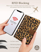 Slohif Passport Wallet Holder Cover for Travel - Women Men RFID Blocking Passport Book Case Protector, Brown Leopard Cheetah Leather Personalized Organizer Slim Carrier Boarding Pass Cards Slots