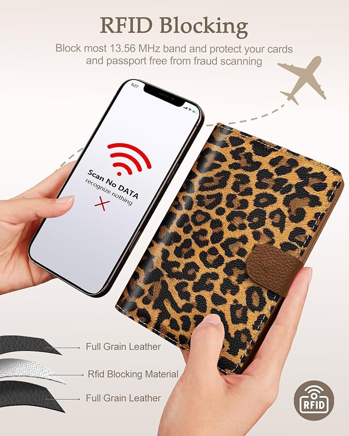 Slohif Passport Wallet Holder Cover for Travel - Women Men RFID Blocking Passport Book Case Protector, Brown Leopard Cheetah Leather Personalized Organizer Slim Carrier Boarding Pass Cards Slots