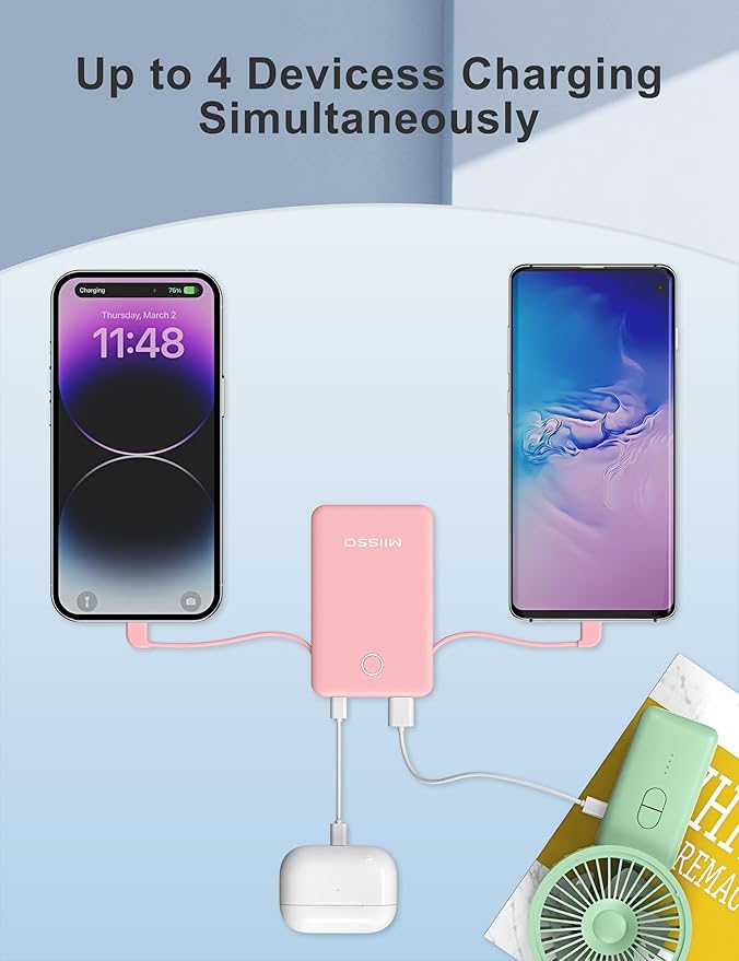 6000mah Ultra Slim Built in Cables Power Bank, Card Size Built in USB C Cords Battery Pack Portable Charger for Phones, 3 Output External Battery Pack Compatible with iPhone, 2-Pack Black & Pink