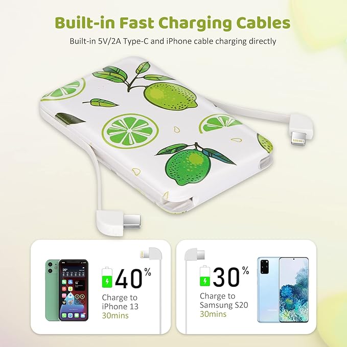 Sethruki Portable Charger 5000mAh Cute Ultra Slim USB C Power Bank for Girls Mini Fast Charging Small Battery Pack with Built in Cables for iPhone iPad Samsung Pixel Android Phones,Lemon