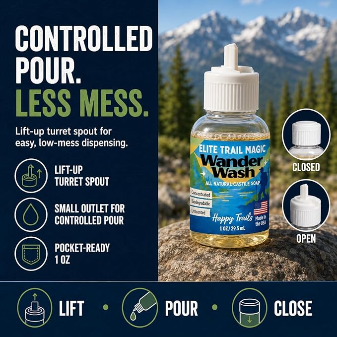 Elite Trail Magic- Wander Wash Biodegradable Castile Camp Soap – Ultralight 1 oz Concentrated Liquid Soap for Camping- Dish Wash Station-Travel & Backpacking – All Purpose, Unscented