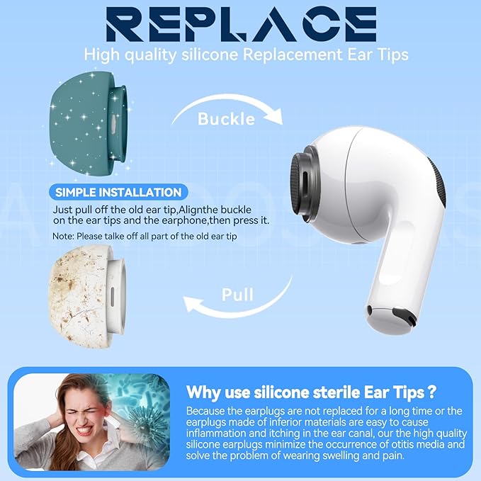 4 Pairs Replacement Ear Tips for AirPods Pro 2nd/1st Generation with Portable Storage Box & Cleaner Pen,Noise Reduction Holewith & Built-in dust Guard Screen,Silicone EarTips(P-Green)