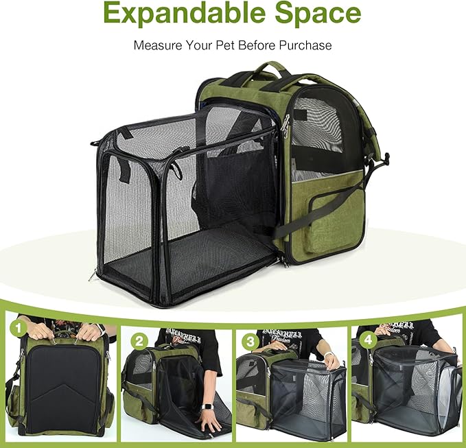 Large Cat Backpack Carrier Expandable Pet Carrier Backpack for Small Dogs Medium Cats Fit Up to 18 Lbs, Dog Backpack Carrier, Foldable Puppy Backpack Carrier for Travel, Hiking,Dark Green