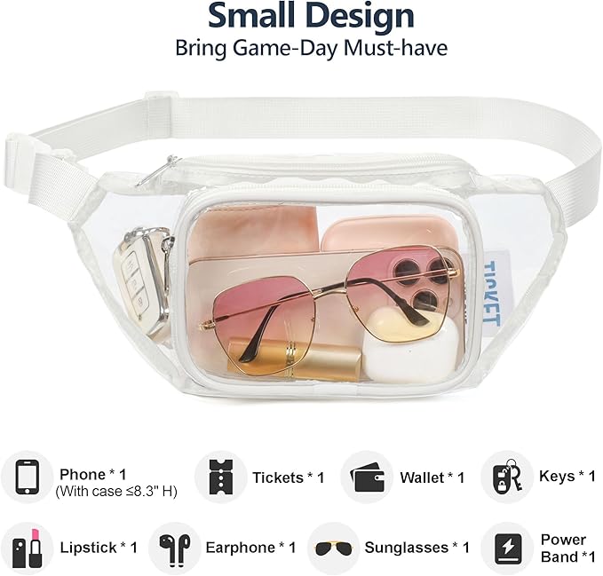 Veckle Clear Fanny Pack Stadium Approved - Adjustable 33-47 Inch Strap, Transparent Belt Bag for Women Men Fits 7.5-inch Smartphone, Waist Bag Clear Bag for Stadium Events, Sport, Concerts, White