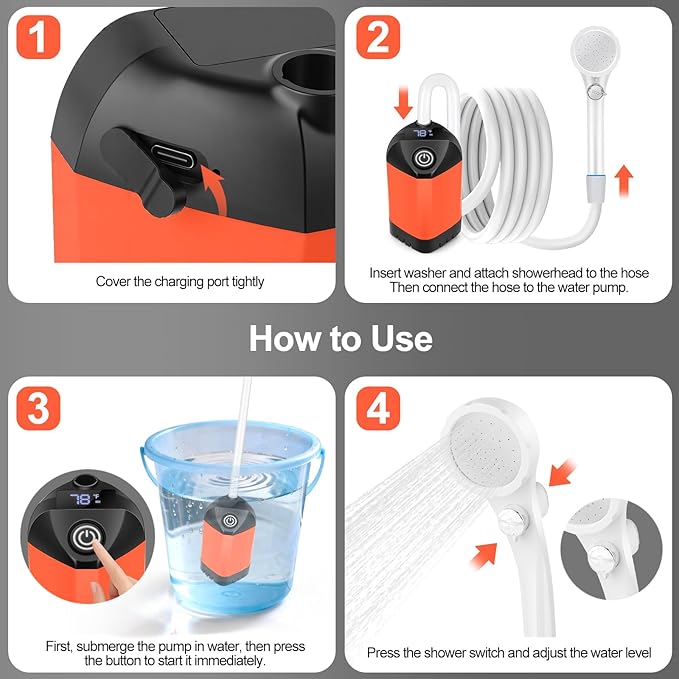 Portable Shower for Camping with 7800mAh Battery, Rechargeable Camping Shower with Intelligent LED Display, 3 Spray Modes, IPX8 Waterproof Outdoor Camp Pump for Hiking, Travel, Car, Pet