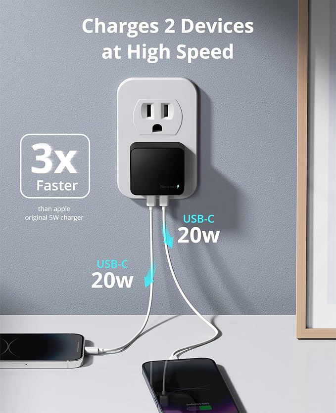 Nekmit Dual Port USB C Wall Charger, 40W PD Fast Charging USB C Wall Plug Adapter, Flat Thin Slim Charger Block for iPhone 17/17 Pro/17 Pro Max, Galaxy, MacBook Air, iPad, AirPods and More