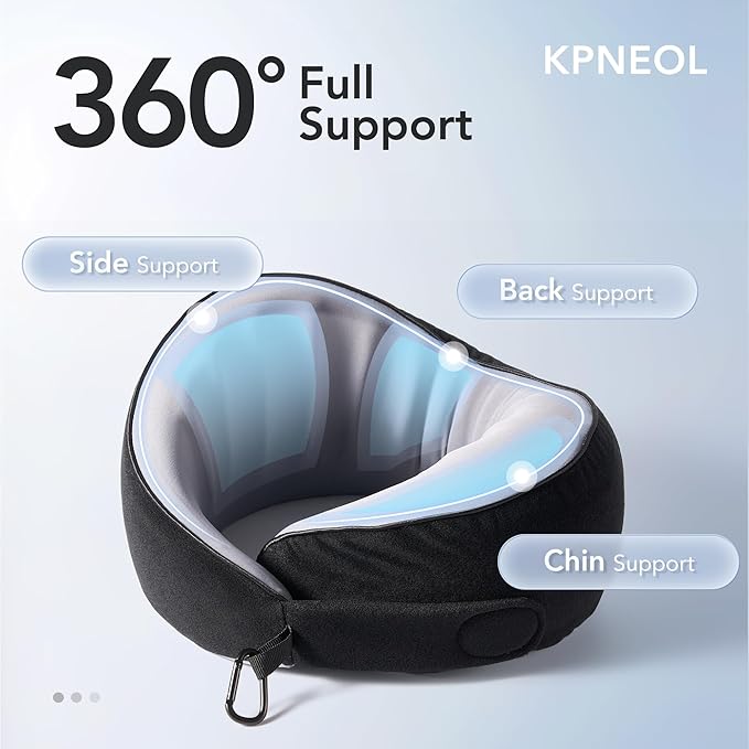 KPNEOL Travel Pillow, 100% Pure Memory Foam Travel Neck Pillow Airplane Neck Support Ergonomic Design for Traveling Suitable for Airplanes,Offices and Cars-Cooling Silk Black