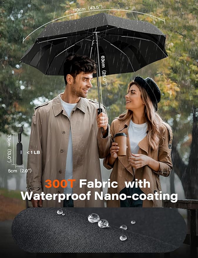 TAZENI Auto-Tidy Travel Umbrella for Rain Auto Open/Close Compact Small Windproof Umbrella Strong & Light Sun Rain Umbrellas Large Long-lasting Easy Use Travel Essential for 2 Men Women Gift Black