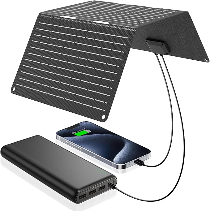 Ecosonique 30W Solar Panel Charger Portable Foldable, USB-C & USB-A Charging, ETFE IP67 Waterproof, Compatible with Cell Phones, iPhone, iPad, Samsung, LG, Power Banks, for Camping, Outdoor, Travel