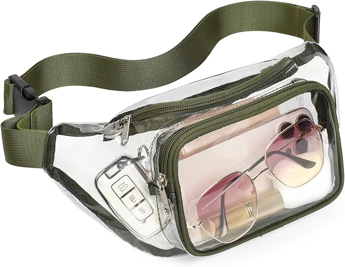 Veckle Clear Fanny Pack Stadium Approved - Adjustable 33-47 Inch Strap, Transparent Belt Bag for Women Men Fits 7.5-inch Smartphone, Waist Bag Clear Bag for Stadium Events, Sport, Concerts, Green