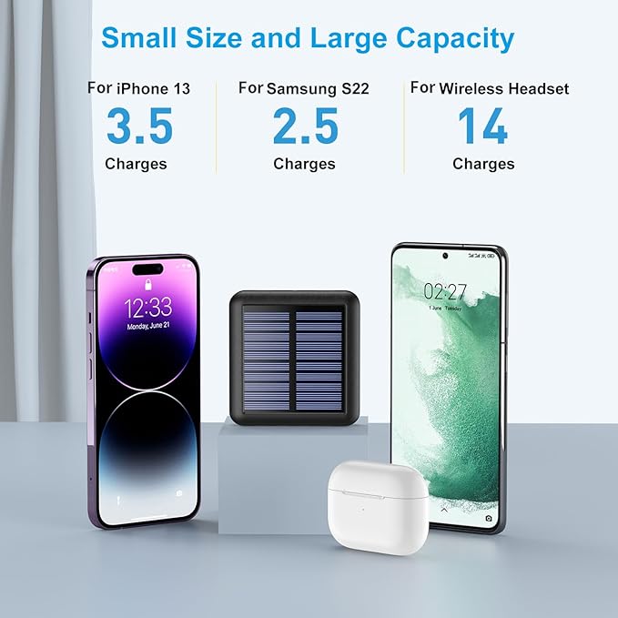 Solar Portable Charger 12000mAh, Small Solar Power Bank, USB C Input/Output External Battery with Built-in 4 Cables, Two-Hand Flashlight, Suitable for iPhone, Tablet Computers and Samsung