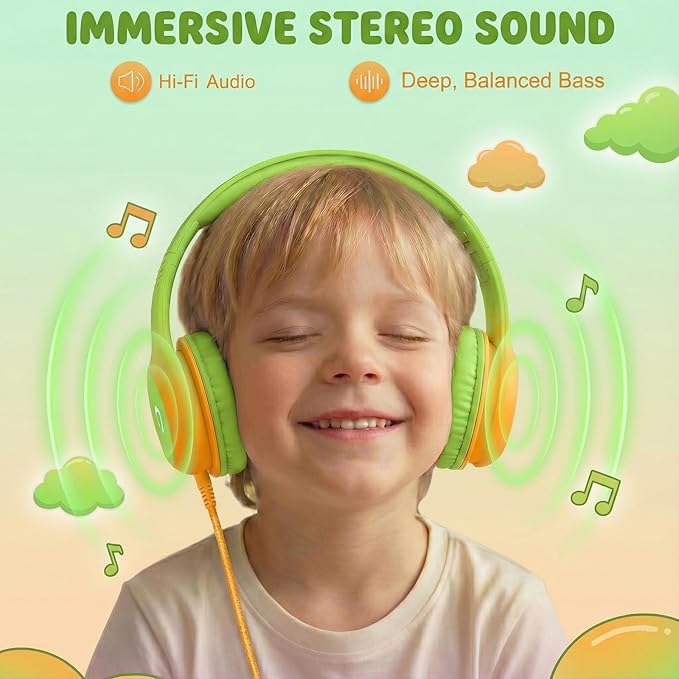 ADOOPE Wired Kids Headphones with USB C Plug, 85dB Safe Volume, Adjustable Headband, Tangle-Free Cord Headphones for School, Tablet, Travel (Lime Green & Orange, Without Microphone)