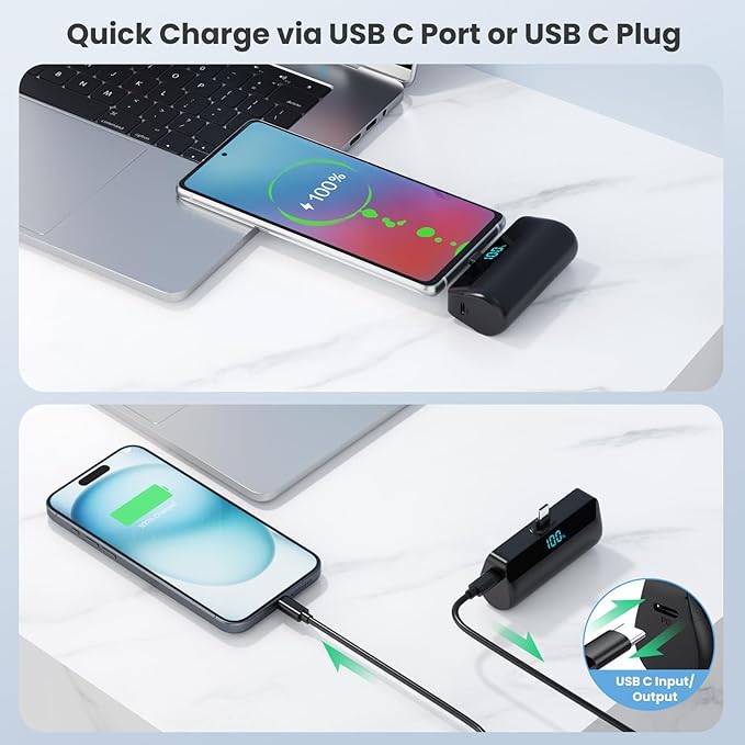 [2-Pack]Mini Portable Charger for iPhone 17/16,Upgraded 5500mAh PD Fast Charging USB C Power Bank,Travel Essentials Battery Pack for iPhone 17/17 Pro Max /Air/16/15 Series Galaxy Android-Black+Purple