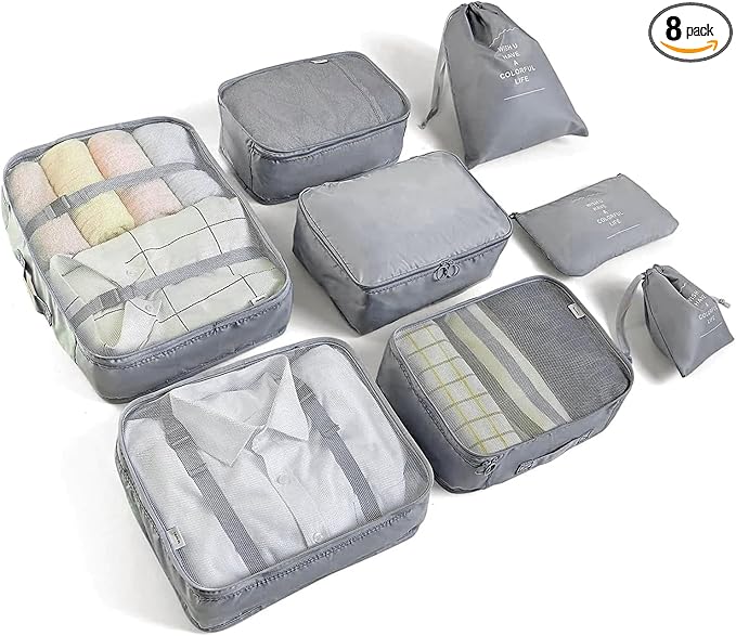 LANSKLBD 8 Set Packing Cubes for Suitcases Travel Luggage Packing Organizers,Travel Essentials Accessories Luggage Organizer with Shoe Bag Tioletry/Laundry Bag（Grey）
