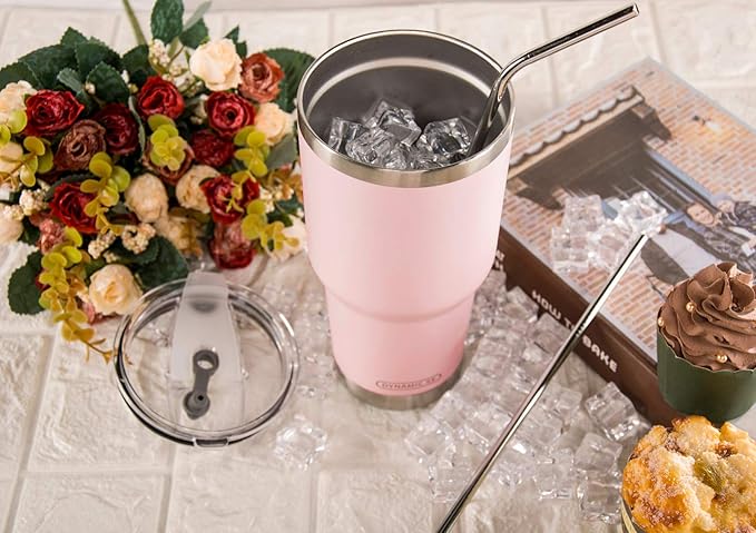 D·S 30oz Sakura Pink Tumbler Stainless Steel Double Wall Vacuum Insulated Mug with Straw and Lid, Cleaning Brush for Cold and Hot Beverages