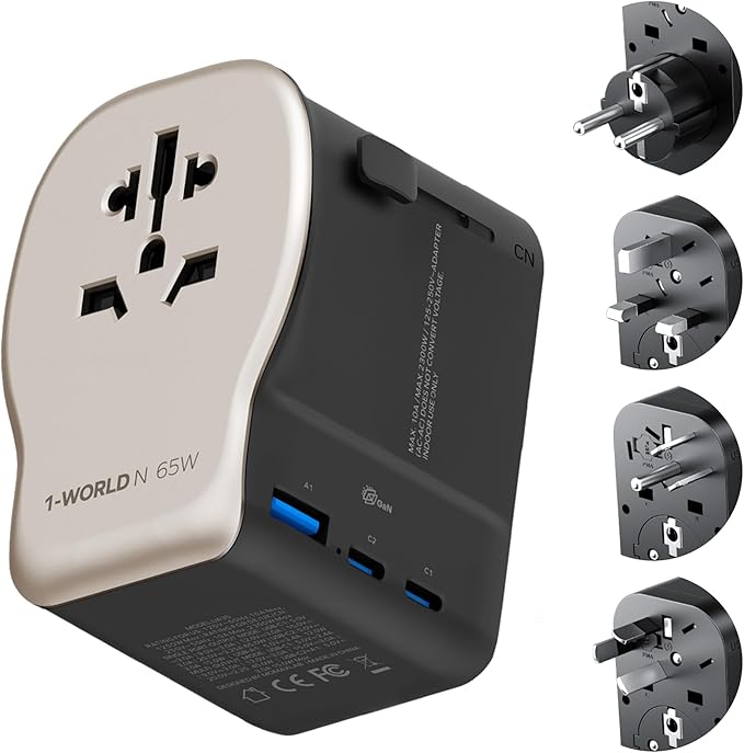 MOMAX Universal Travel Adapter with Separate Grounding Prong, GaN 65W International Power Adapter, Worldwide Plug Adapter for US/UK/EU/AU and 200+ Countries, PD Fast Charger(AC×1 & DC×3), Gold