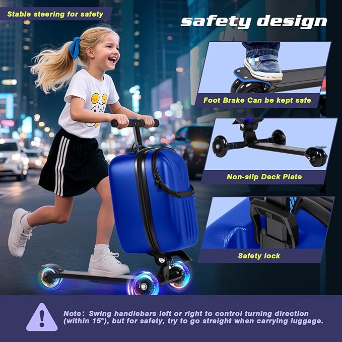 smilesun Foldable Ride On Scooter Suitcase with Front Opening, Lightweight Carry On Scooter Luggage for Adults, Teens & Kids（Blue 20-inch）