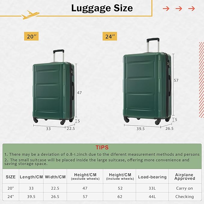 Luggage Sets, 2 Piece Carry on Luggage Set with Travel Bags, 2 Piece Expandable Spinner Hardshell Suitcase with TSA Lock, Back to School Suitcase, Women Men, Green, 20/24 inch
