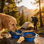 Collapsible Dog Bowls with Carabiner, Double Portable Travel Pet Bowls for Food and Water, Foldable Silicone Dog Bowl for Walking, Hiking, Camping, Small Medium Dogs and Cats, Blue