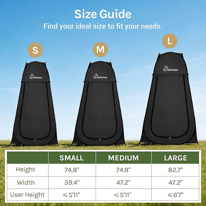 Wolfwise Pop Up Shower Tent, Portable Instant Changing Tent with Ventilation Window & Carry Bag, Privacy Bathroom Toilet for Beach, Camping & Outdoor, Width 47 ", Height 75 ", Black