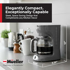 MUELLER HOME 12-Cup Drip Coffee Maker Perfect for Home or Office, Borosilicate Carafe, Auto-Off, Reusable Filter, Anti-Drip, Keep-Warm Function, Clear Water Level Window, Gray