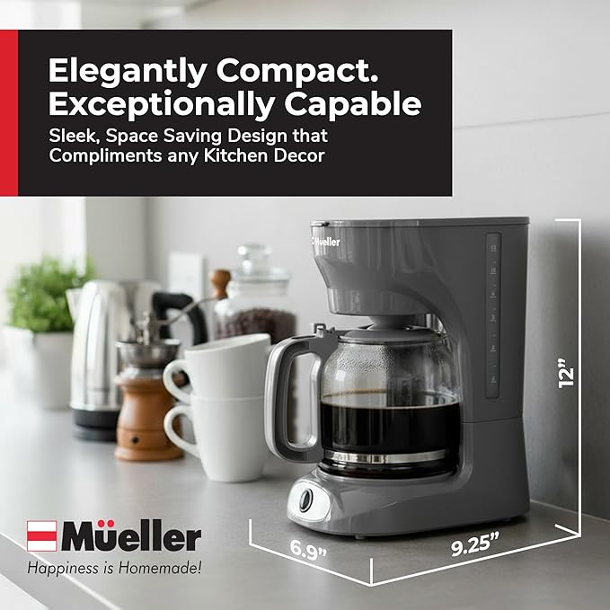 MUELLER HOME 12-Cup Drip Coffee Maker Perfect for Home or Office, Borosilicate Carafe, Auto-Off, Reusable Filter, Anti-Drip, Keep-Warm Function, Clear Water Level Window, Gray