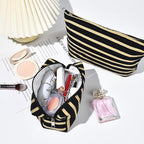 SOIDRAM 2 Pieces Makeup Bag Large Stripe Cosmetic Bag Capacity Canvas Mix Travel Toiletry Bag Organizer Cute Makeup Brushes Aesthetic Accessories Storage Bag for Women, Stripe Mix Black