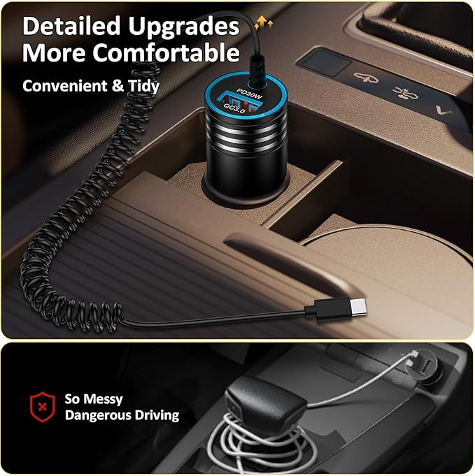 48W Super Fast Car Charger USB C for Samsung Galaxy S26 Ultra S25 S24 FE A16 5G A15 A14 A56 S23 S22 S21, iPhone 17 16 15 Pro Max Plus, Android Phone Type C Car Charger Adapter with USB C Coiled Cable