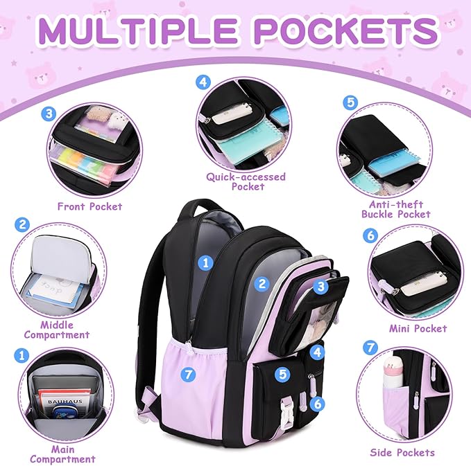 PIG PIG GIRL Kids Backpack for Girls School Bags for Middle School Students Book Bag for Elementary Primary Kawaii Ita Backpack, Black and Purple