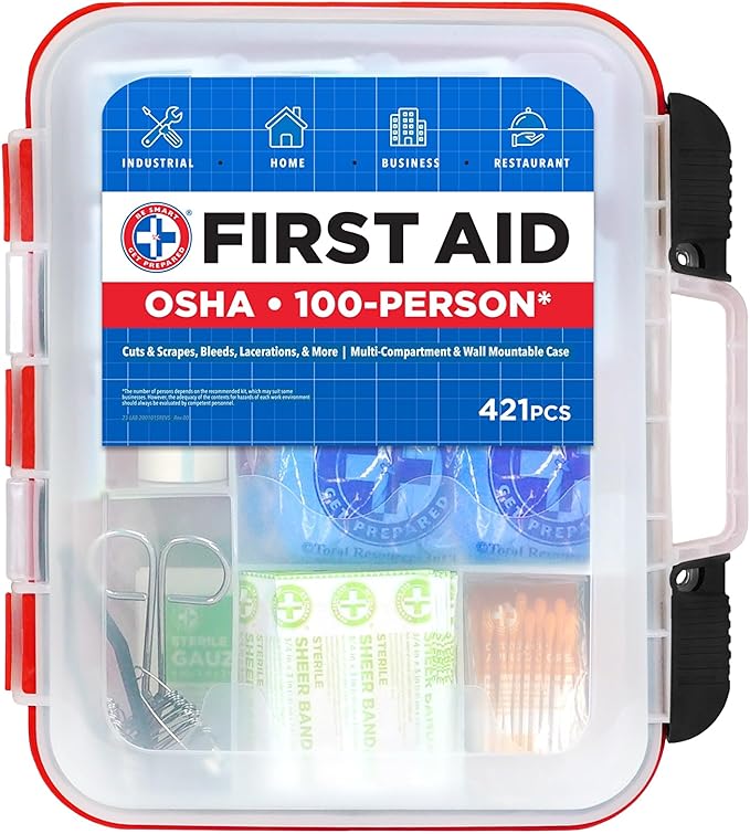Be Smart Get Prepared 421pc First Aid Kit Exceeds OSHA Guidelines 100 People - Office, Home, Car, School, Emergency, Survival, Camping, Hunting and Sports
