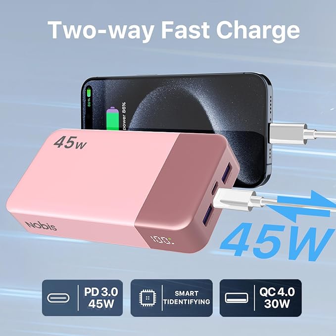 NOBIS Portable Charger, 20000mAh Power Bank, 45W Power Bank Fast Charging, Battery Pack with C to C Cable, Battery Bank with Digital Display for Phone Android Laptop etc (Pink)