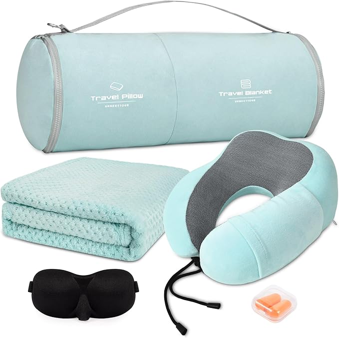 urnexttour Travel Pillow and Blanket Set Neck Pillows Soft Blankets with Sleep Mask Travel Essentials for Airplane Car Memory Foam Blue Green