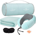 urnexttour Travel Pillow and Blanket Set Neck Pillows Soft Blankets with Sleep Mask Travel Essentials for Airplane Car Memory Foam Blue Green