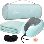 urnexttour Travel Pillow and Blanket Set Neck Pillows Soft Blankets with Sleep Mask Travel Essentials for Airplane Car Memory Foam Blue Green